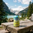 Lemon lime sparkling drink can on a lakeside picnic table