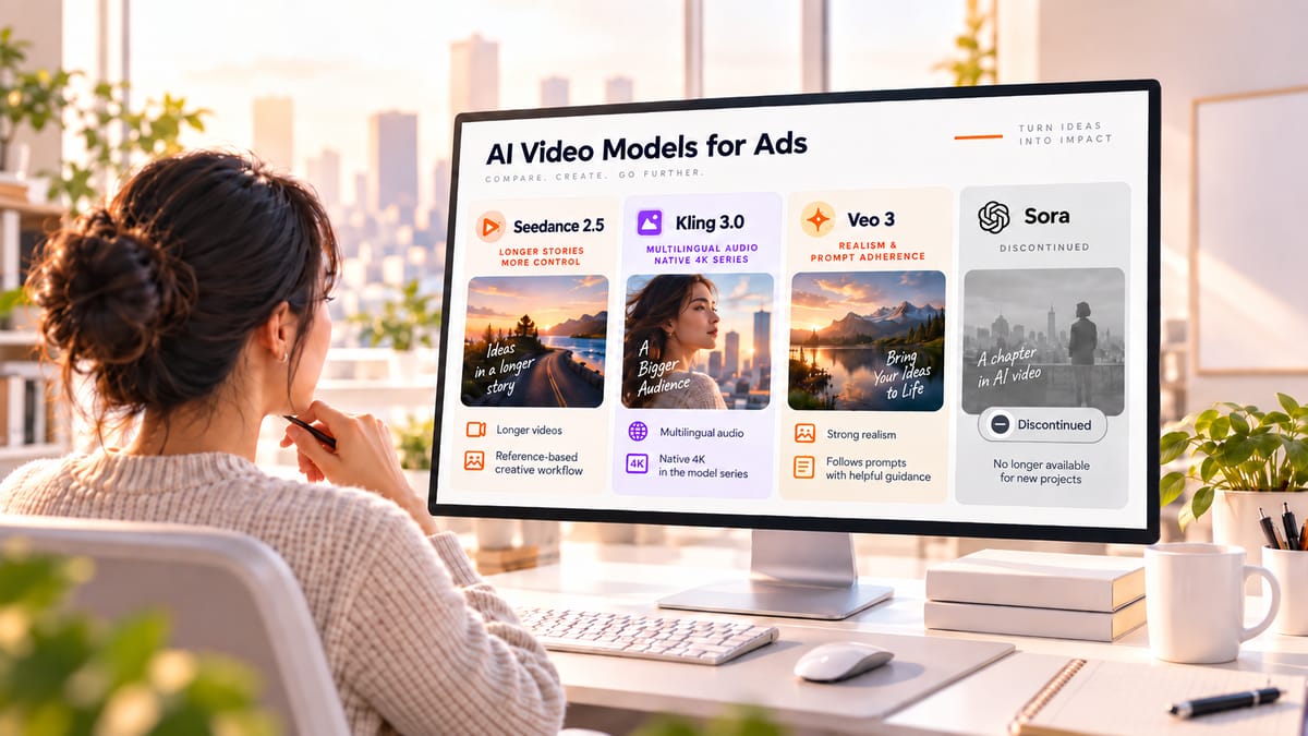 Marketer comparing Seedance 2.5, Kling 3.0 and Veo 3.1 AI video models for advertising on a computer.