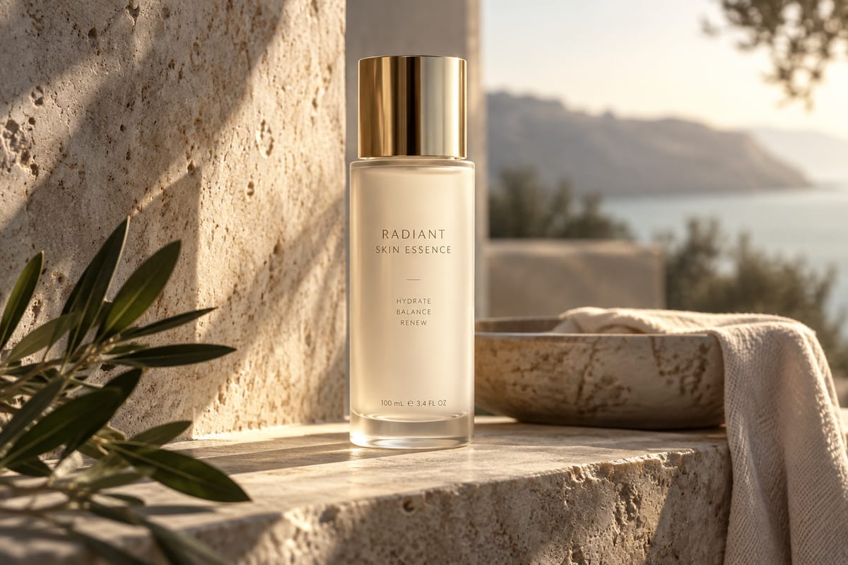 Premium skincare bottle on a stone surface with warm natural lighting, illustrating a product hero shot for an AI video ad brief.