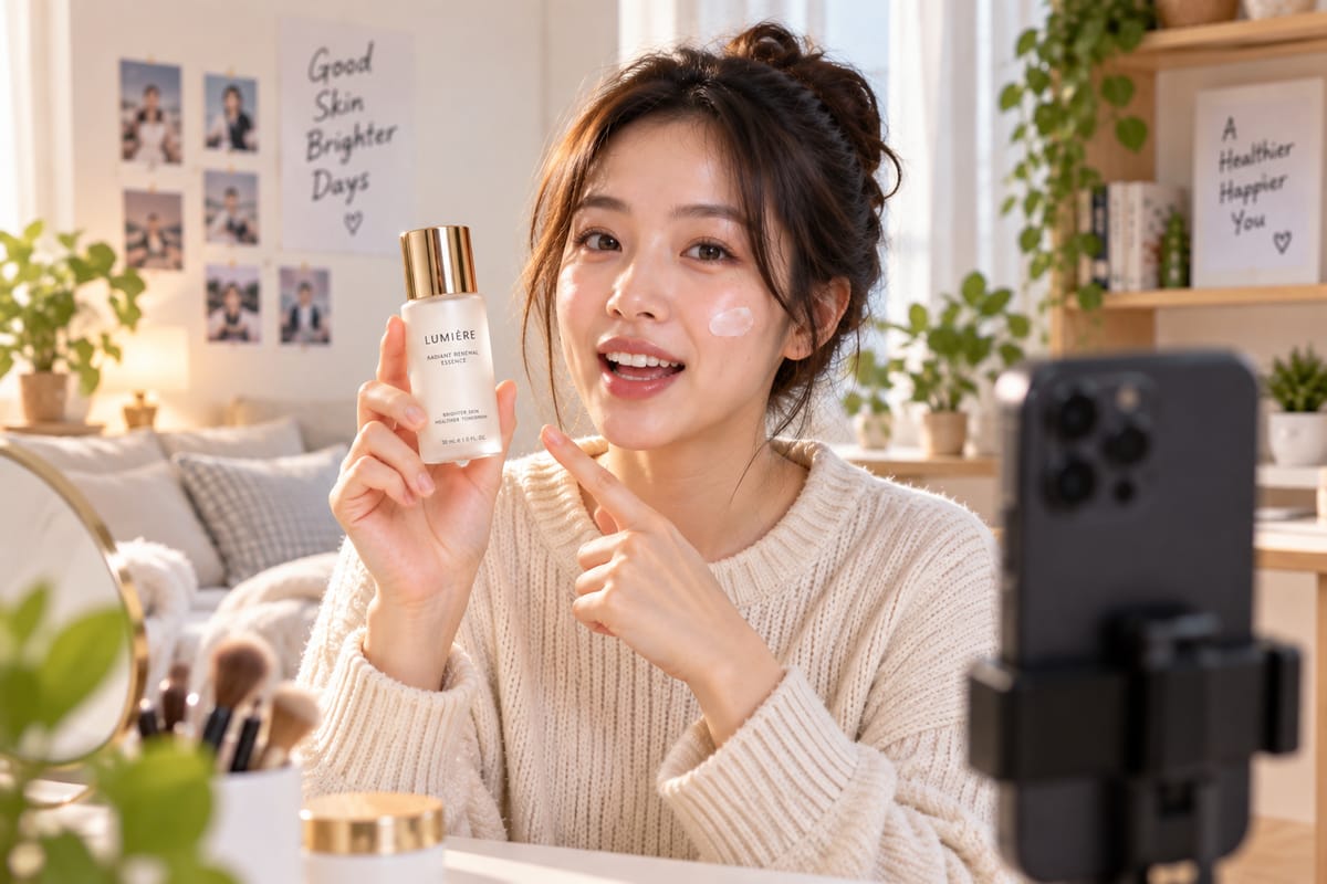 UGC-style beauty creator holding a skincare bottle and speaking to a smartphone camera in a bright indoor setting.