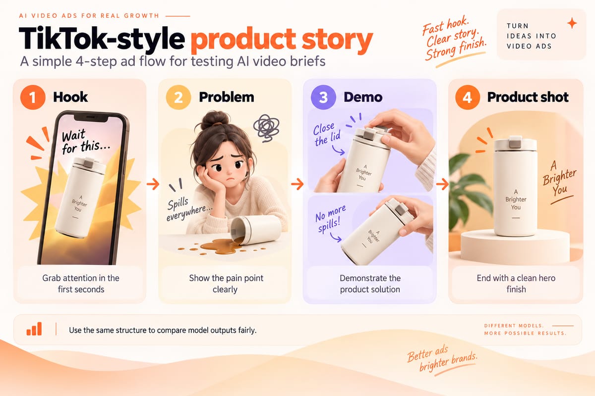 Four-step TikTok-style product ad storyboard showing a spill-proof bottle's hook, problem, demonstration and product shot.