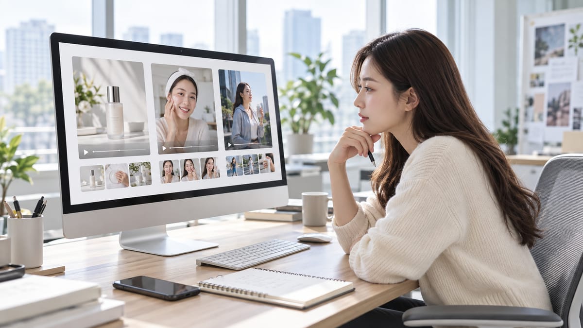 A marketer comparing AI-generated product, UGC, and short-form video ads on a desktop computer.
