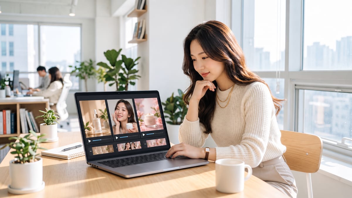 A marketer reviewing AI-generated video ads for visual quality and consistency on a laptop.
