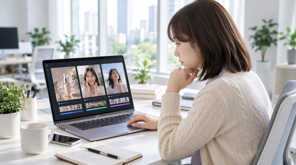 A marketer comparing three AI-generated video outputs side by side on a laptop in a bright modern office.
