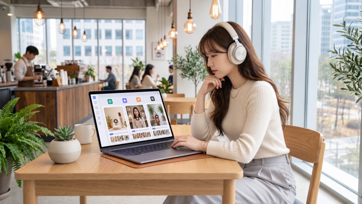 A marketer comparing multiple AI video models and creative outputs within one workflow on a laptop.