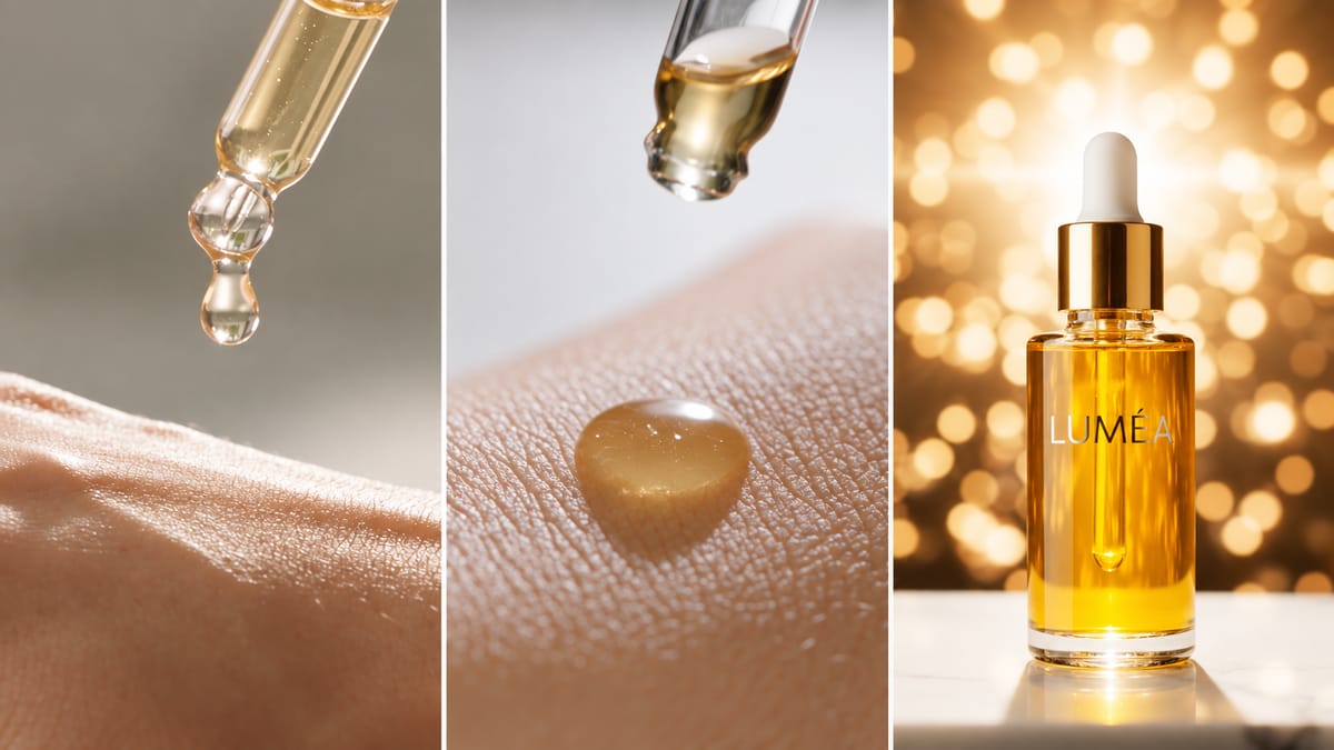 Three original test frames from the LUMÉA product video brief showing serum application, dropper detail, and the product hero shot.