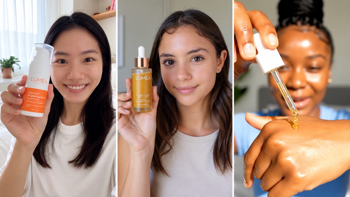 Test frames from the LUMÉA UGC ad brief showing a creator presenting and applying the serum.