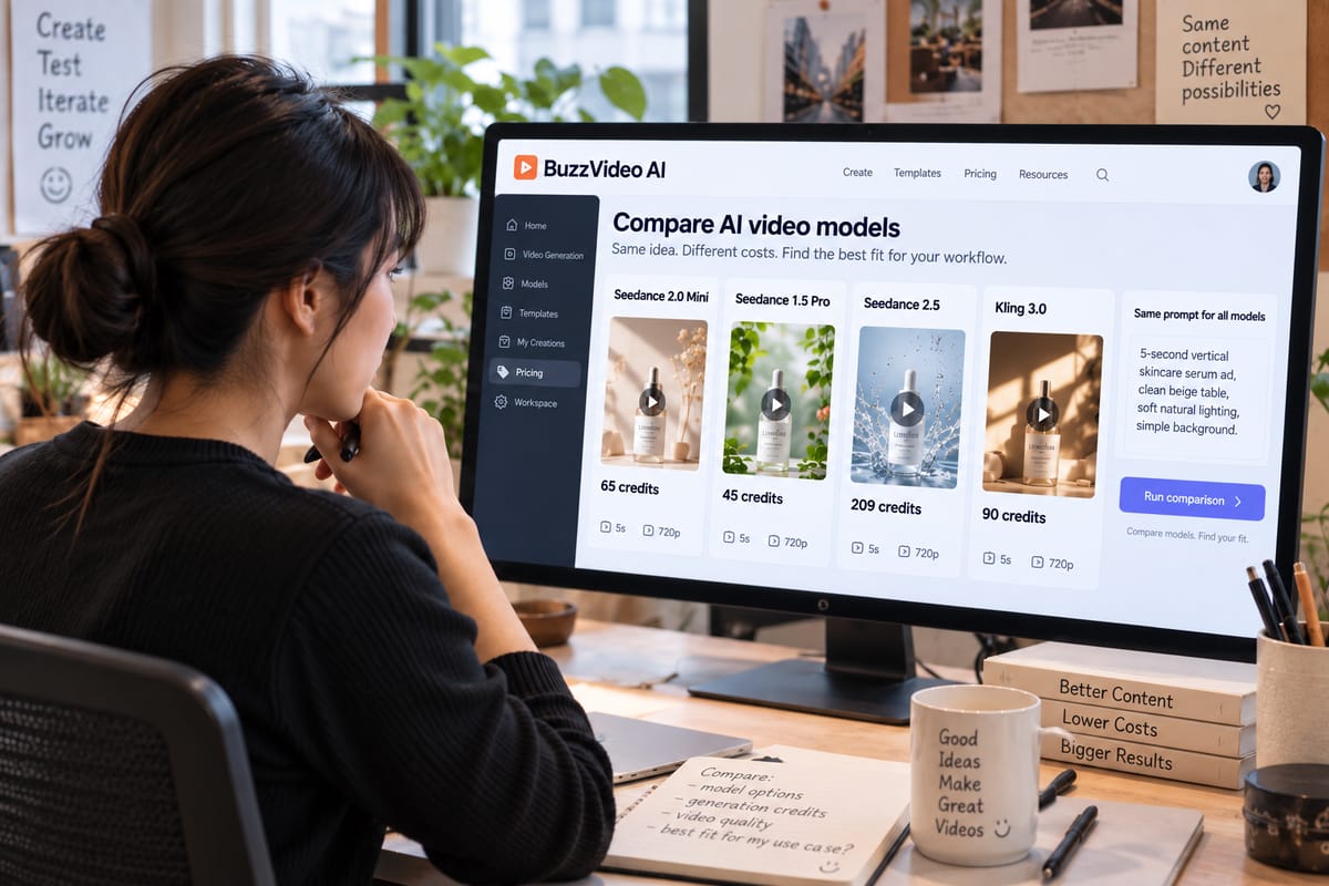 Marketer comparing AI video models, generation credits and costs on a computer screen.