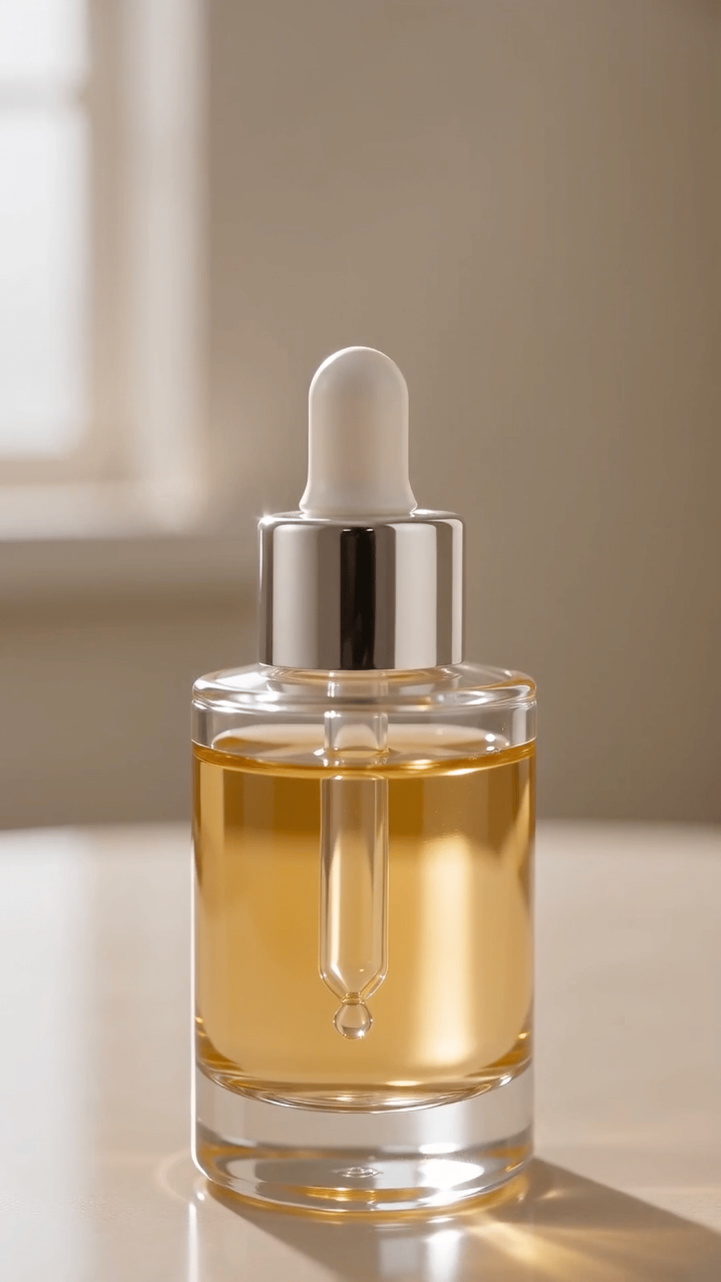 Seedance 2.0 Mini skincare serum video screenshot showing a glass dropper bottle against a neutral background.