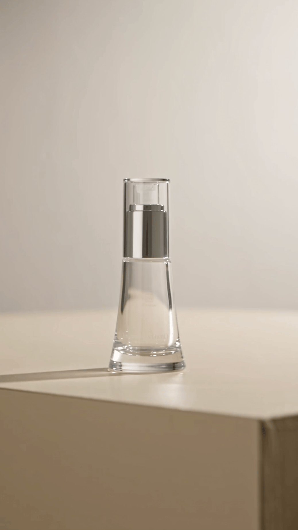 Seedance 2.5 skincare serum video screenshot showing a transparent serum bottle on a minimalist beige table.