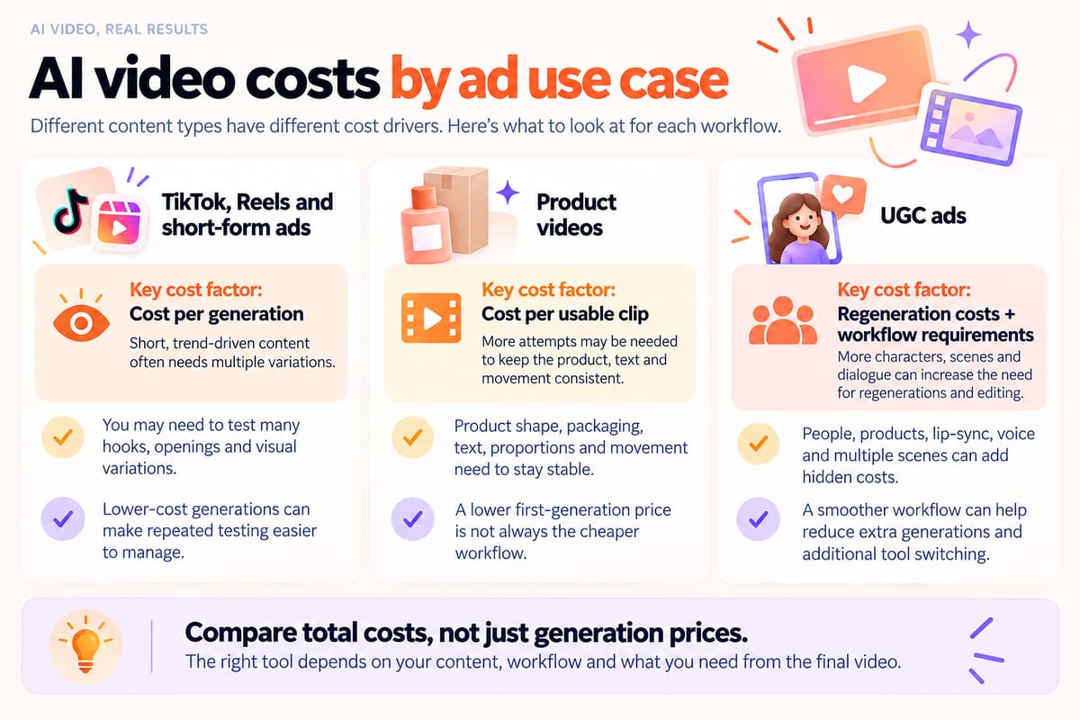 Infographic comparing AI video costs for TikTok ads, product videos and UGC ads, including generation costs, usable clips and workflow expenses.