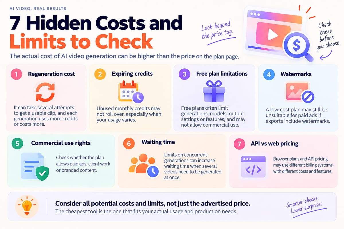 Infographic showing seven hidden costs and limits of AI video generation, including regenerations, expiring credits, free plan limits, watermarks, commercial-use rights, waiting time and API pricing.