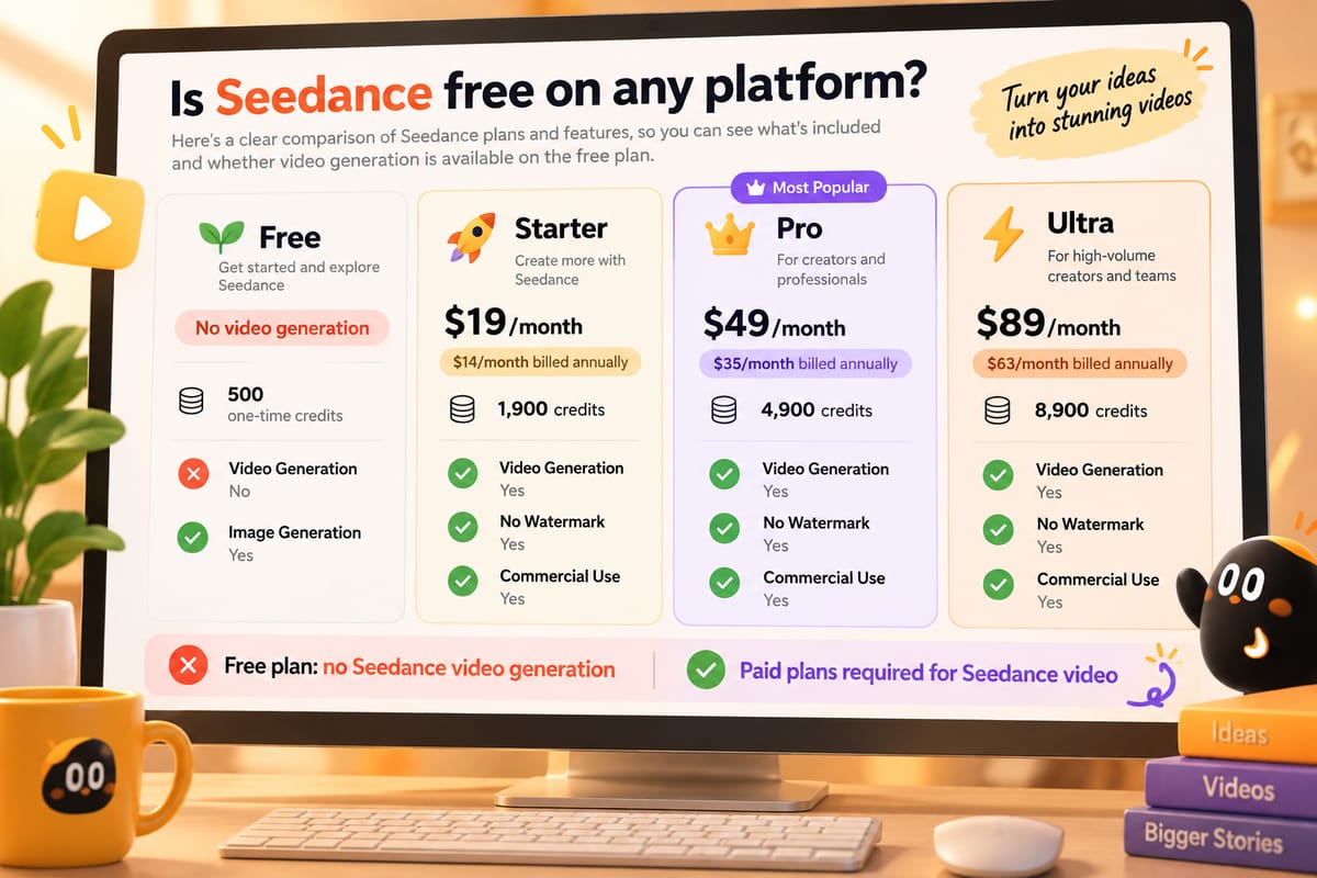 Illustrative BuzzVideo AI plan comparison showing 500 one-time credits on the Free plan and no video generation access.