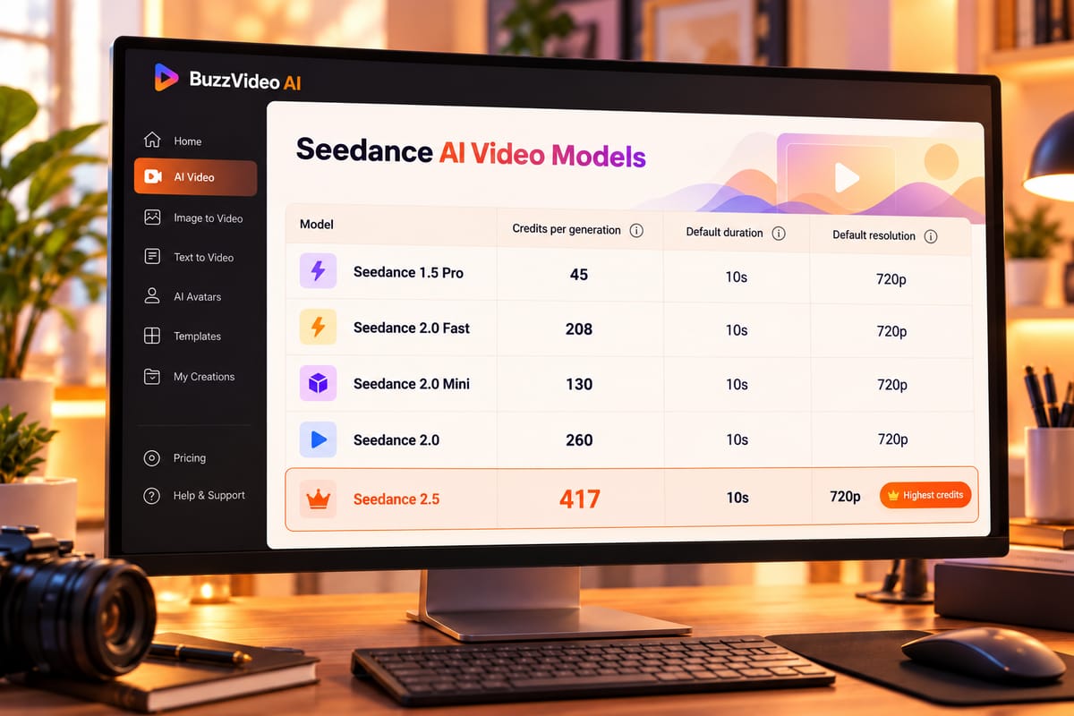 Illustrative comparison of BuzzVideo AI Seedance models showing credit costs for 10-second 720p videos across Seedance 1.5 Pro, 2.0 Fast, 2.0 Mini, 2.0 and 2.5.