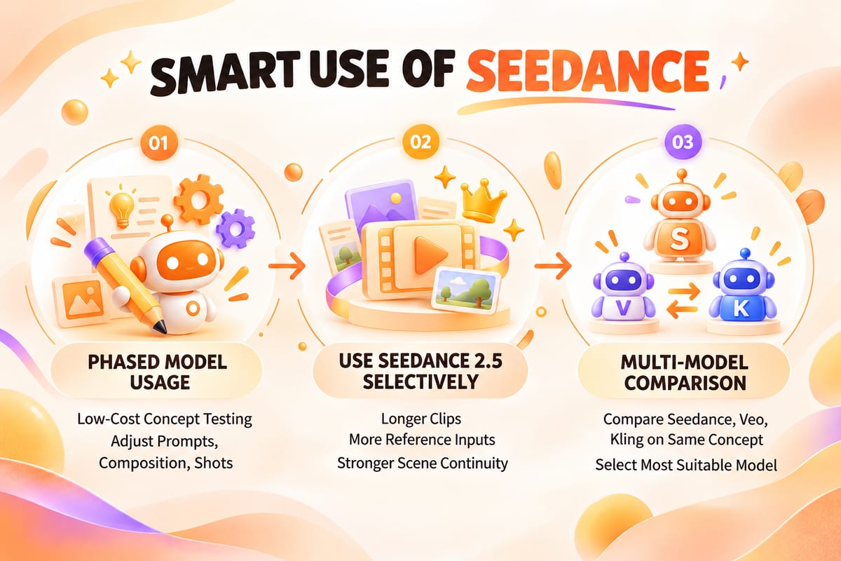 Infographic showing a three-step Seedance workflow: use lower-credit models for prompt testing, use Seedance 2.5 selectively for longer or reference-heavy videos, and compare model settings before spending more credits.