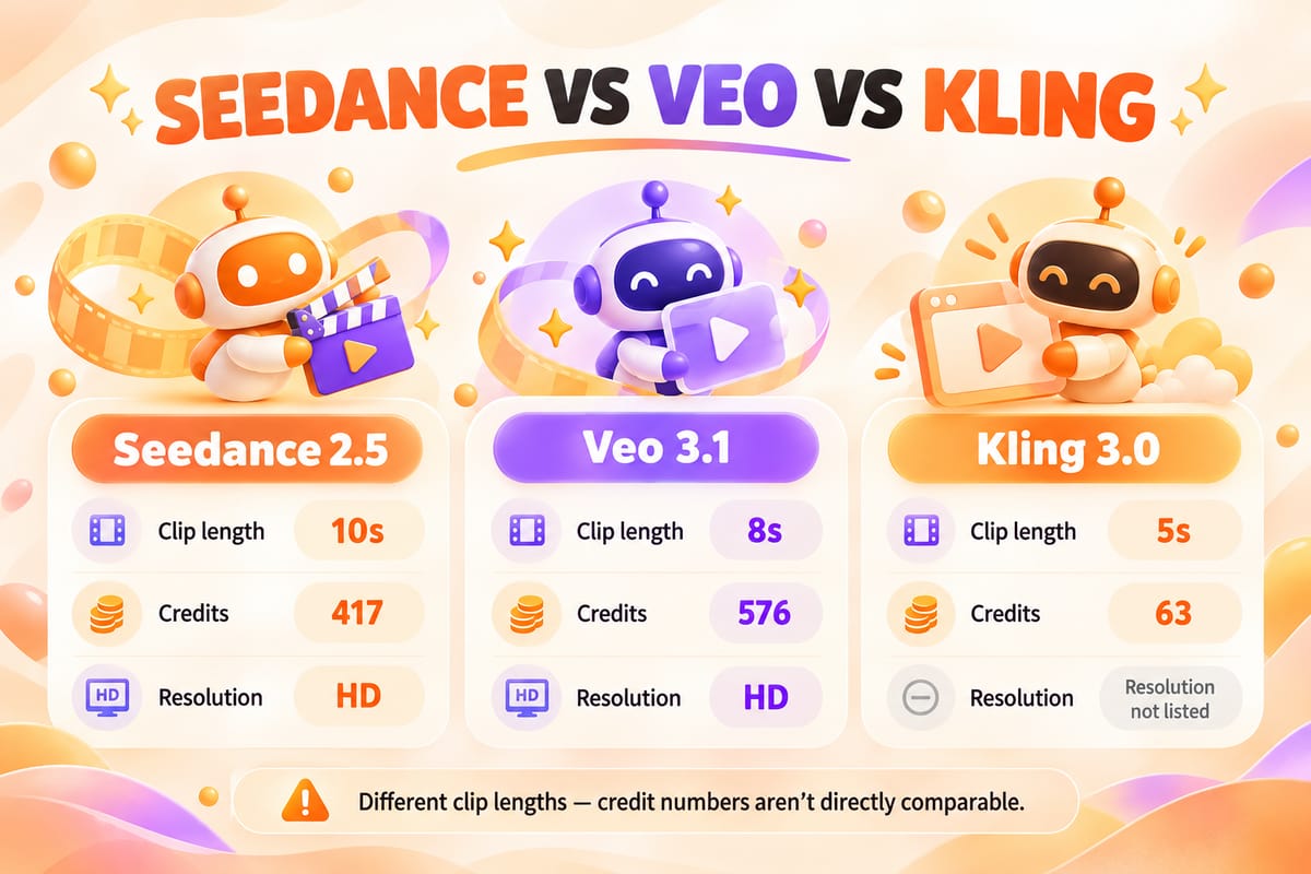 Illustrative comparison of published clip lengths, credit costs and available settings for Seedance 2.5, Veo 3.1 and Kling 3.0 on BuzzVideo AI.