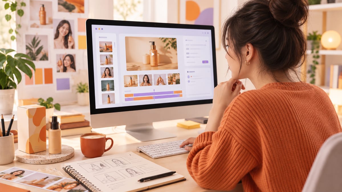 Illustrative scene of a marketer planning a skincare video ad using product images, prompts and creative references.