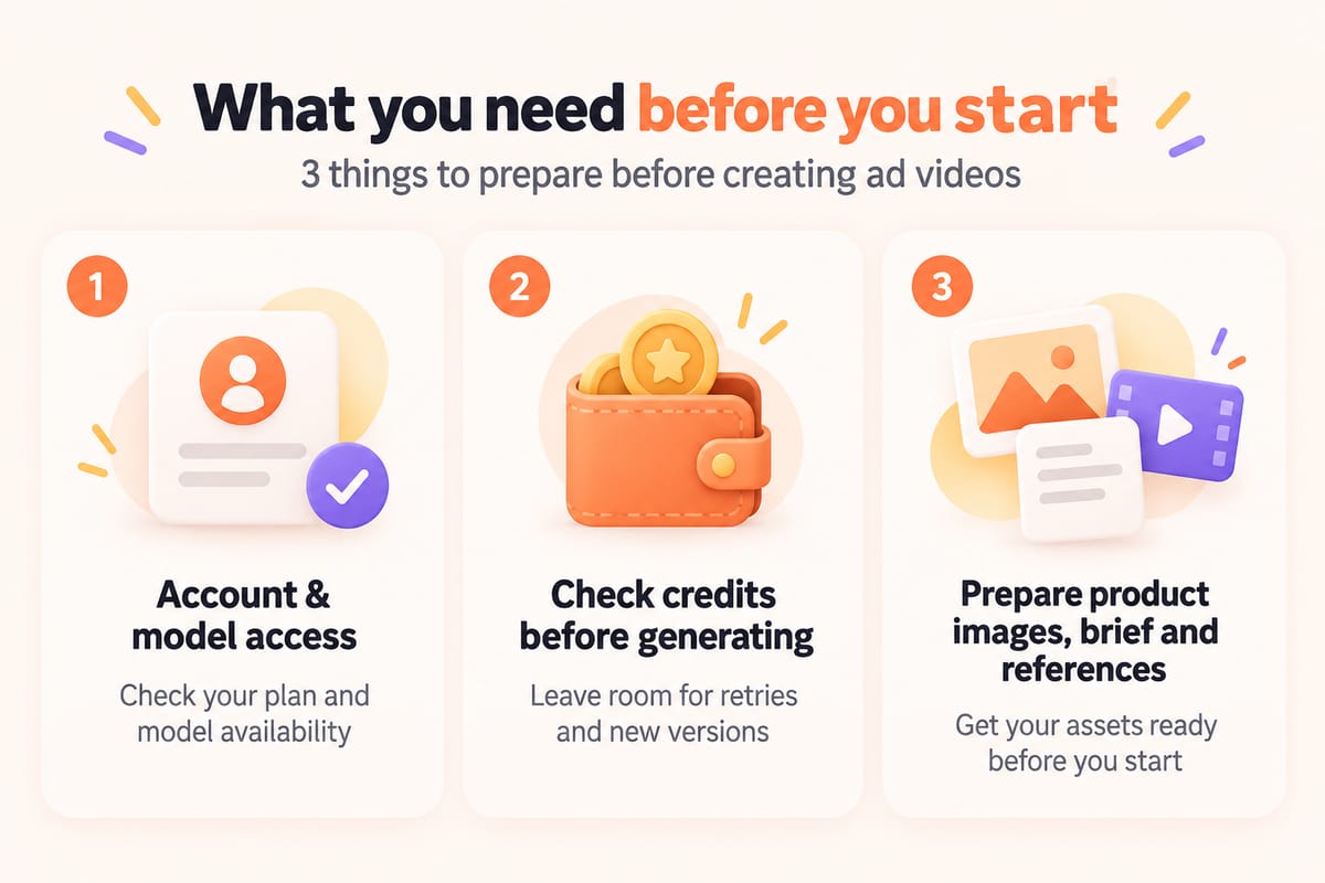 Infographic showing account access, credits and creative assets needed before creating a Seedance 2.0 video ad.