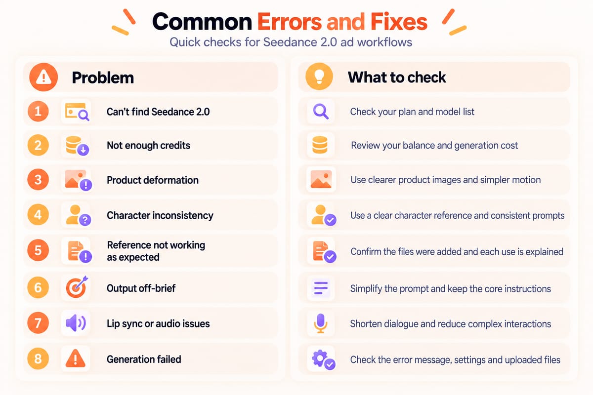 Infographic showing eight common Seedance 2.0 video creation problems and checks for credits, references, product details, consistency and generation errors.
