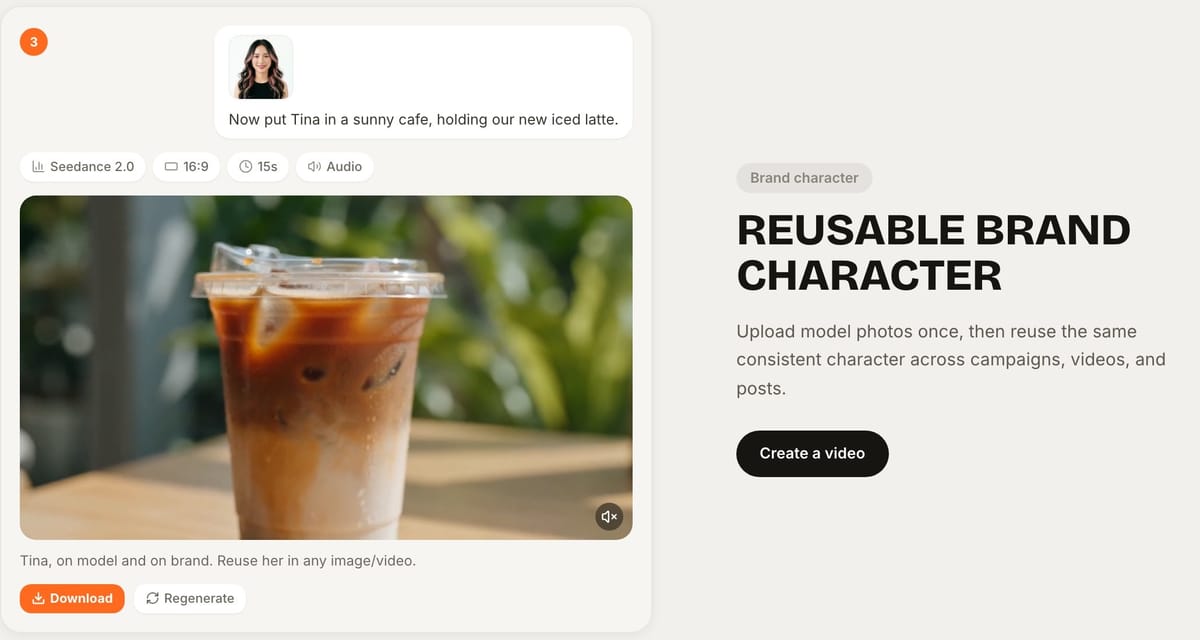 Example output from our MCP page: “Now put Tina in a sunny cafe, holding our new iced latte.” (Seedance 2.0, 15 seconds)