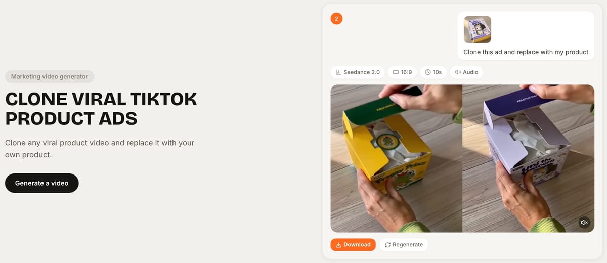 Example output from our MCP page: clone a viral TikTok product ad and swap in your own product (Seedance 2.0, 10 seconds)