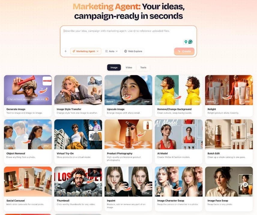 The Image tab in BuzzVideo's Marketing Agent: product photography, virtual try-on, carousels, background and relight tools