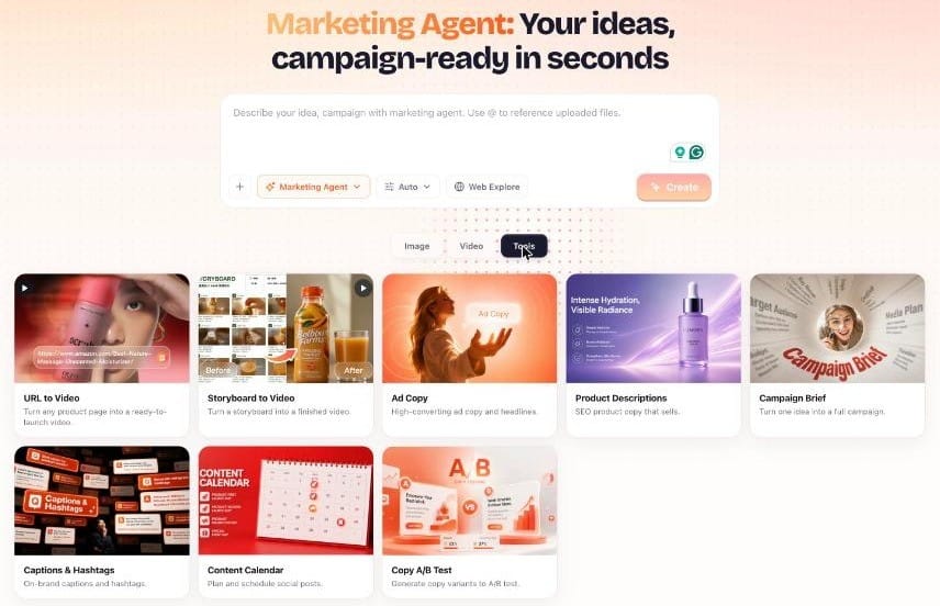 Storyboard to Video and URL to Video in the Tools tab of BuzzVideo's Marketing Agent