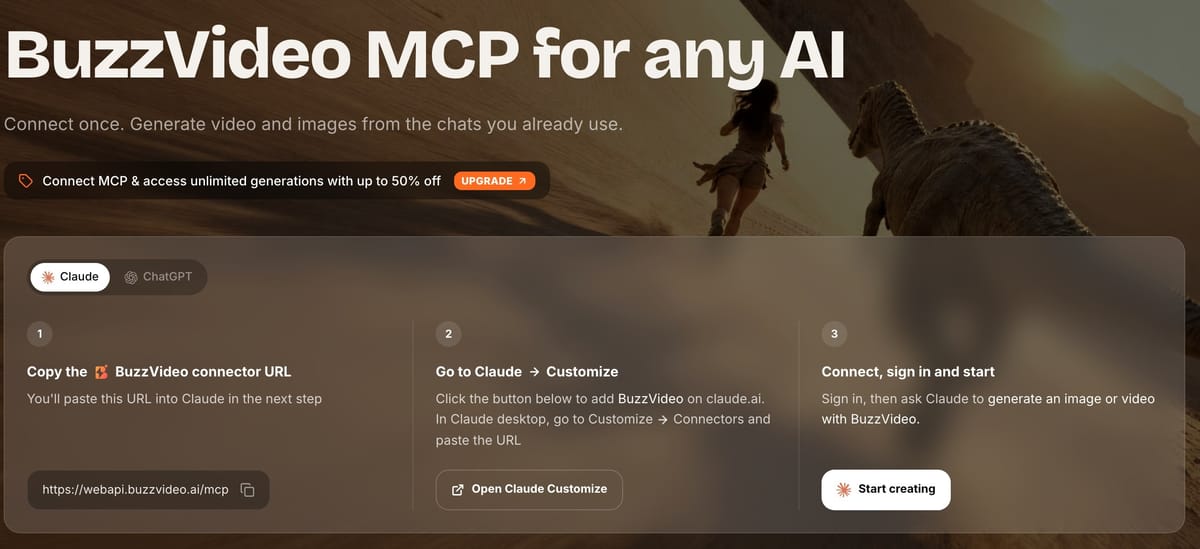 The three-step Claude setup on buzzvideo.ai/mcp: copy the connector URL, open Customize → Connectors, sign in
