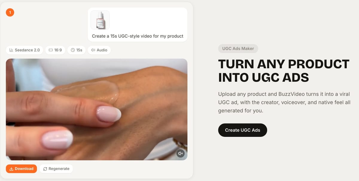 Example output from our MCP page: “Create a 15s UGC-style video for my product” (Seedance 2.0, 15 seconds, with audio)