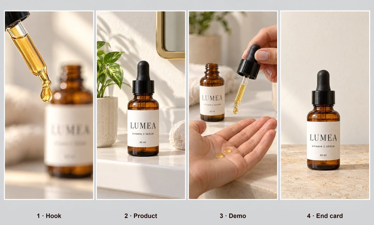 The four-panel storyboard behind the demo above—hook, product, demo, end card—generated from one product photo with GPT Image 2.5 Sunburst