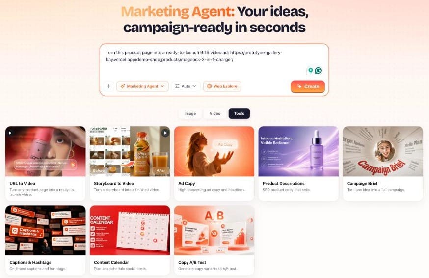 URL to Video in BuzzVideo's Marketing Agent, with a product page link pasted into the prompt