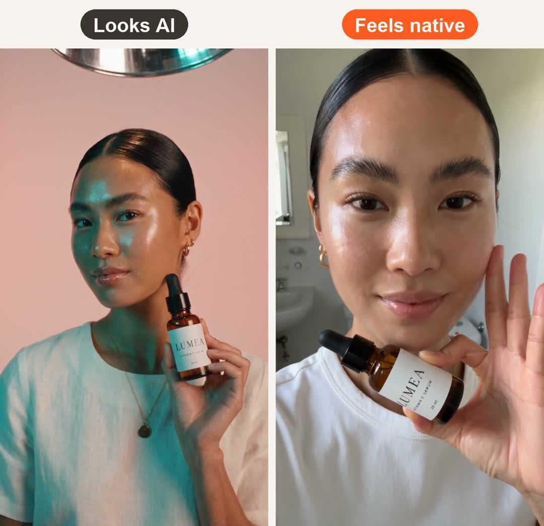 Same avatar, same LUMEA serum, two directions: studio "AI ad" look (left) vs. front-camera bathroom selfie (right)