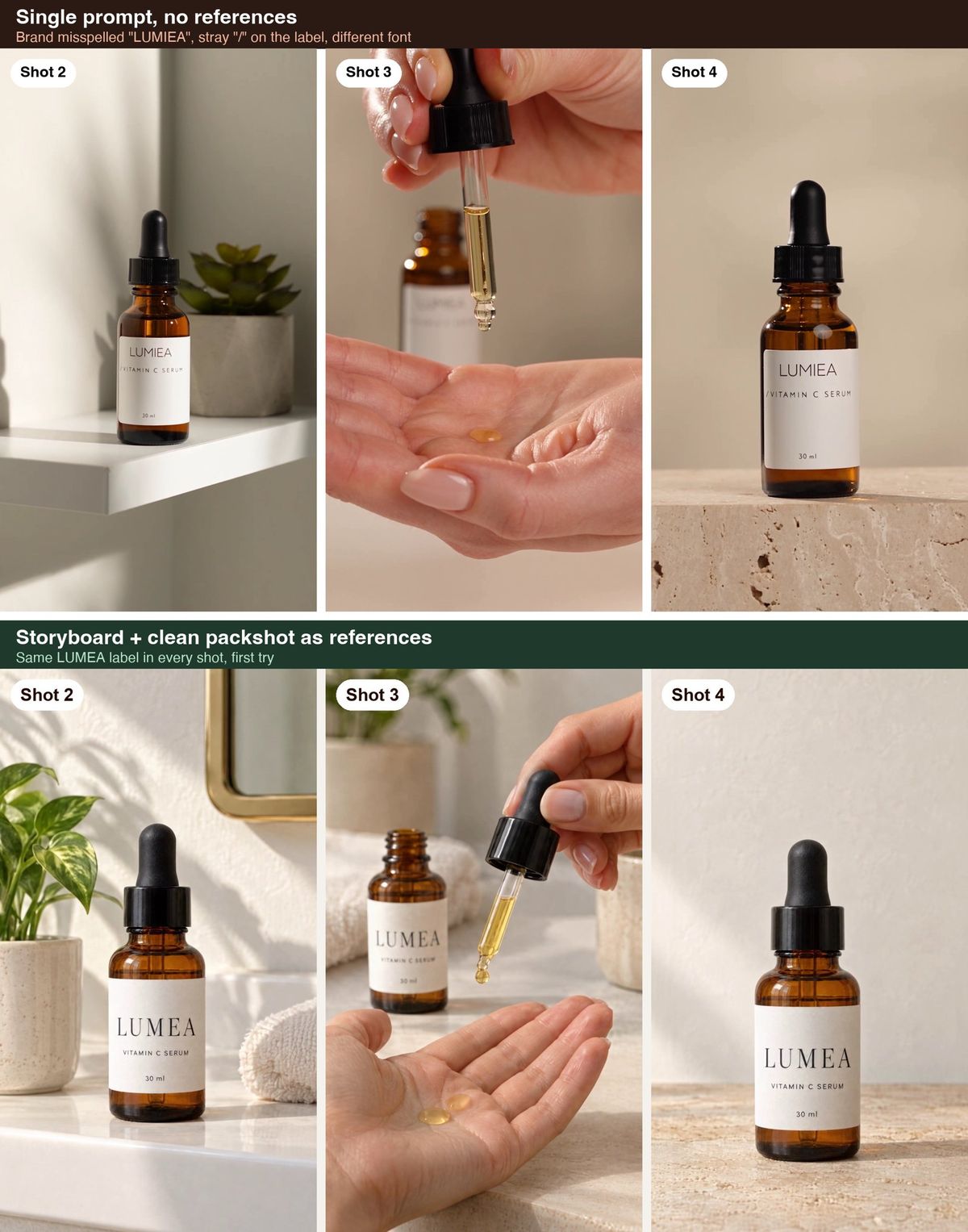 Same four-shot brief, two runs: a single prompt with no references misspelled the brand as "LUMIEA" (top); the storyboard plus a clean packshot kept the LUMEA label in every shot (bottom)