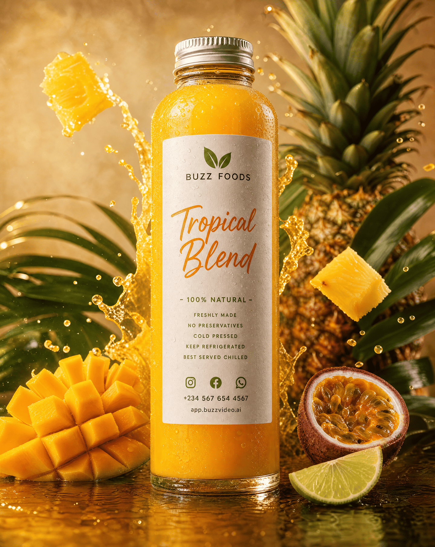 high-end commercial advertisement for a tropical fruit juice
