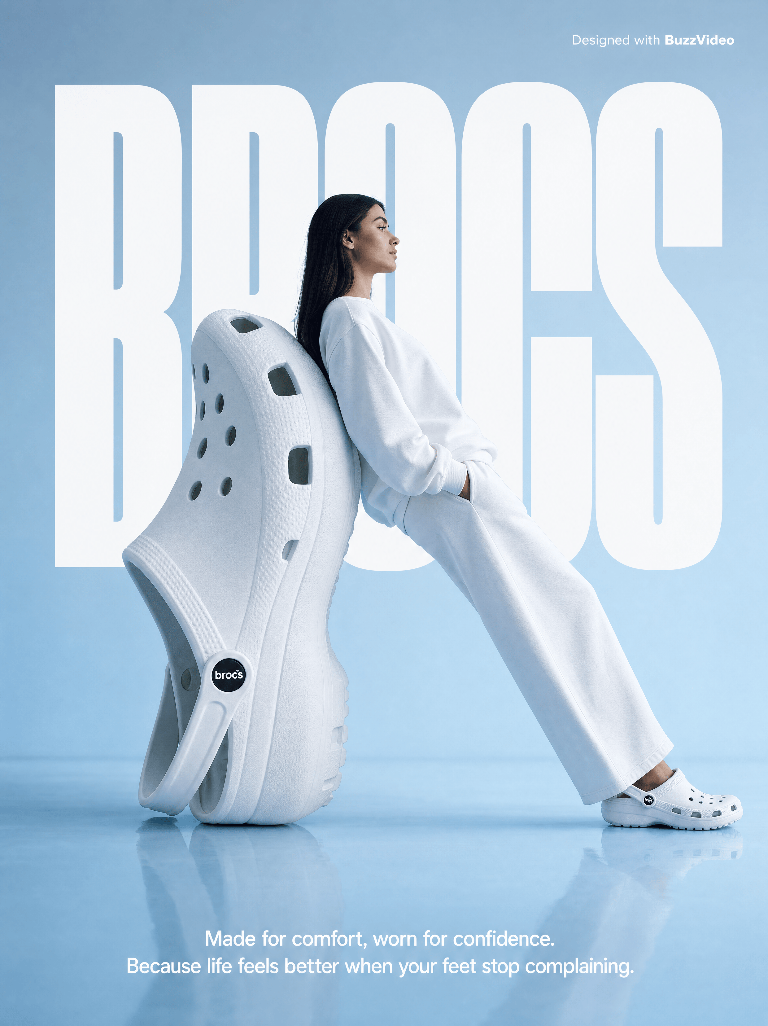 Static ad banner for a white clog shoe, with an oversized wordmark and a model dressed in white