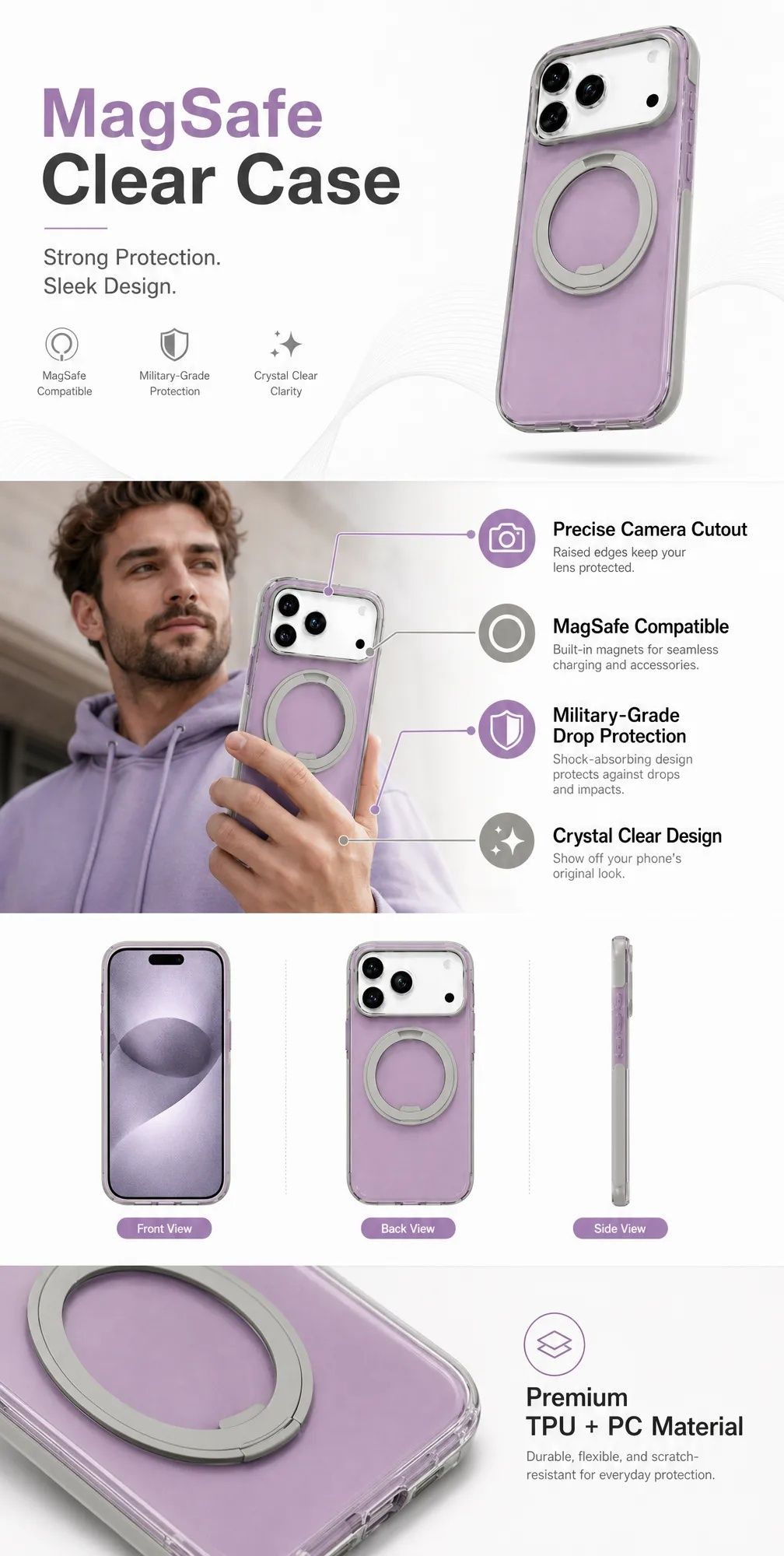 Marketplace listing set for a phone case: hero shot, feature callouts, colorways and an in-use photo