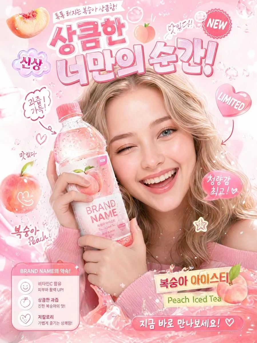 Korean-language ad creative for a peach iced tea, with a localized headline and call to action