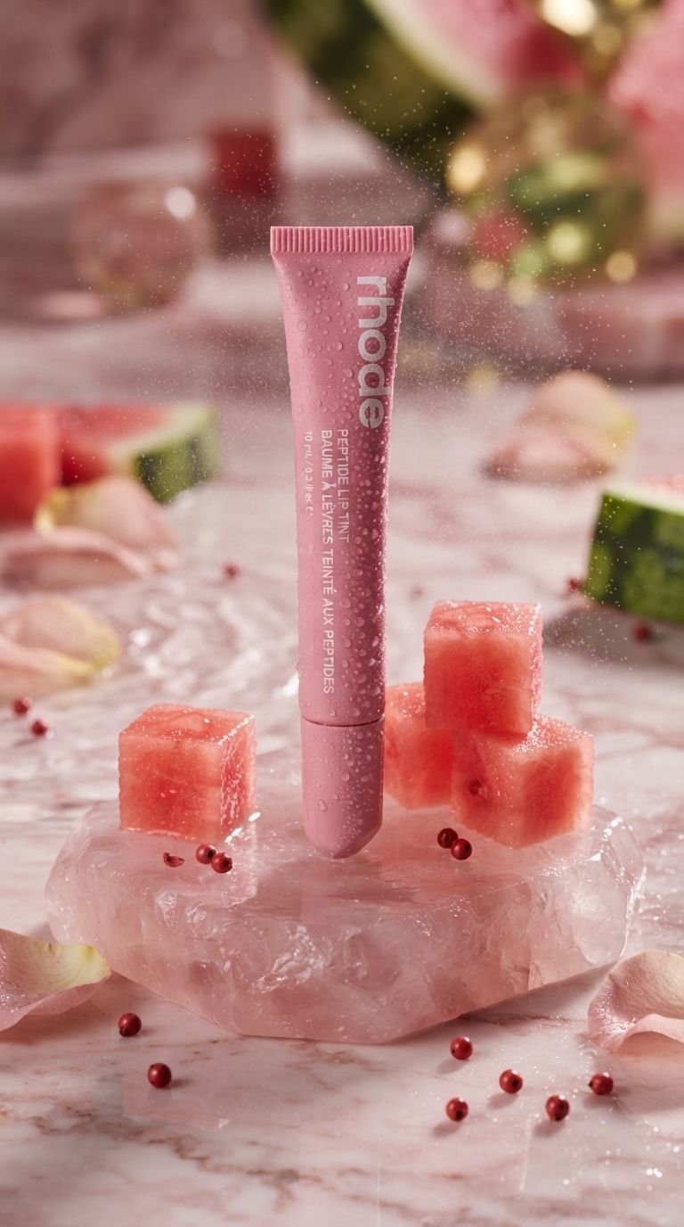 Studio product still of a pink lip gloss tube standing on crushed ice with watermelon cubes