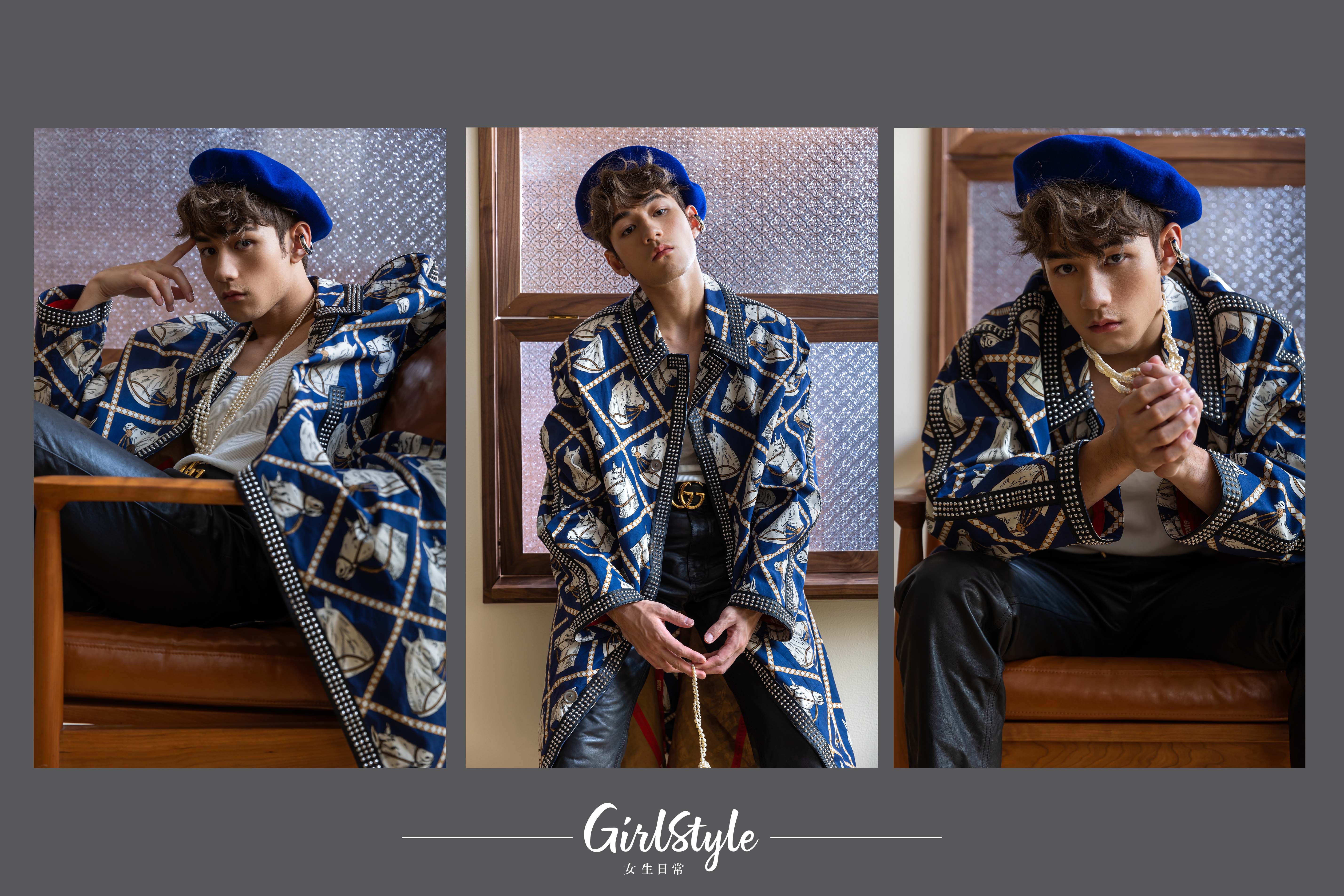 Beret、Vest、Coat、Leather Pants、Belt、Pearl Necklace、Ear Cuff (All From Gucci)