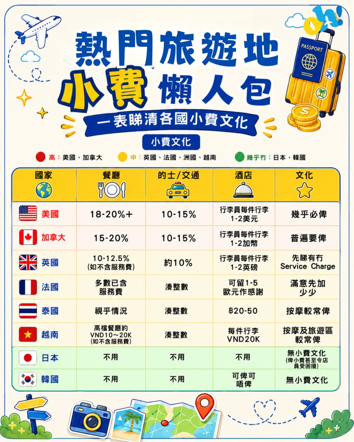 【旅遊攻略】熱門旅遊地小費懶人包:一圖看懂全球給小費標準